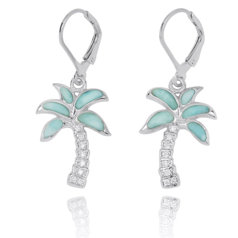 Palm Tree with Larimar and White CZ Lever Back Earrings