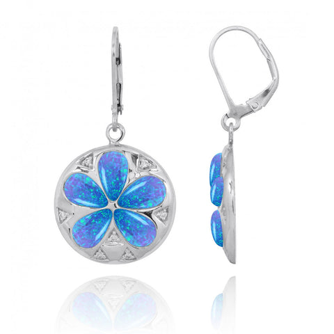 Sand Dollar Lever Back Earrings with Blue Opal and White CZ