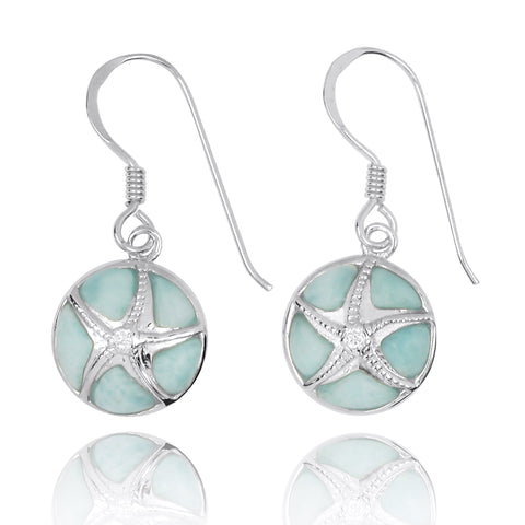 Silver Starfish with Crystal on Larimar French Wire Earrings