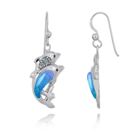 Dolphin Drop Earrings with Blue Opal and Swiss Blue Topaz