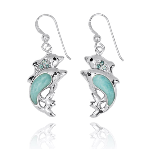 Dolphin Drop Earrings with Larimar and Swiss Blue Topaz