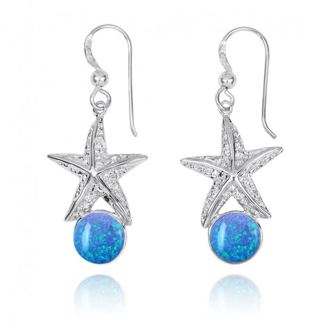 Starfish French Wire Earrings with Round Blue Opal