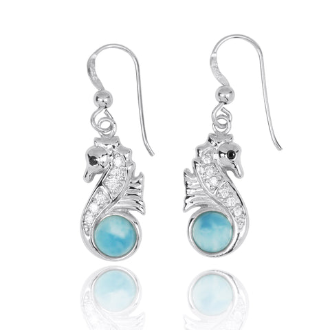 Seahorse Drop Earrings with Larimar and CZ