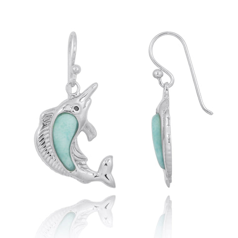 Swordfish with Larimar and Black CZ French Wire Earrings