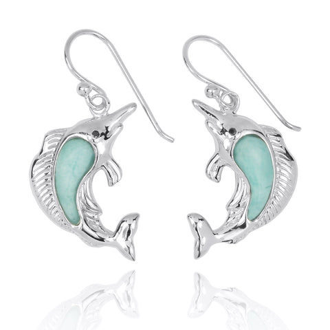 Swordfish with Larimar and Black CZ French Wire Earrings