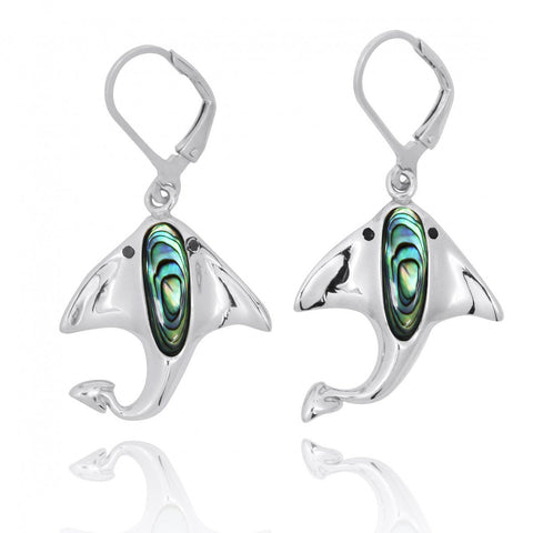 Manta Ray with Abalone shell and Black Spinel Lever Back Earrings