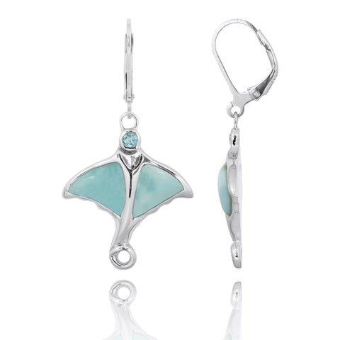 Stingray with Larimar and Swiss Blue Topaz Lever Back Earrings