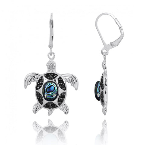 Turtle with Abalone shell and Black Spinel Lever Back Earrings