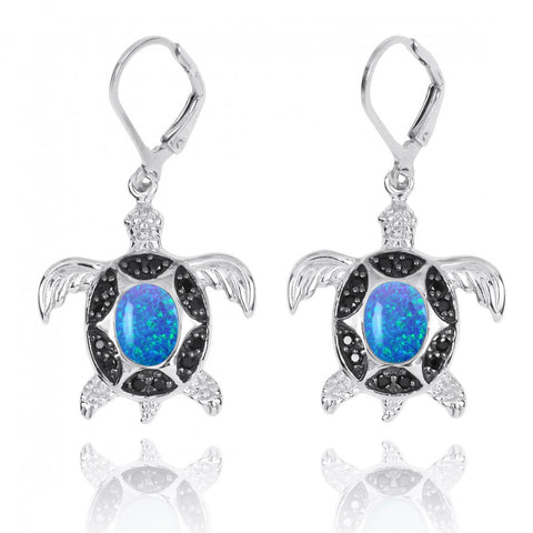 Turtle with Blue Opal and Black Spinel Lever Back Earrings