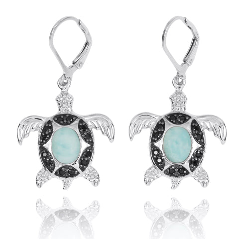 Turtle with Larimar and Black Spinel Lever Back Earrings