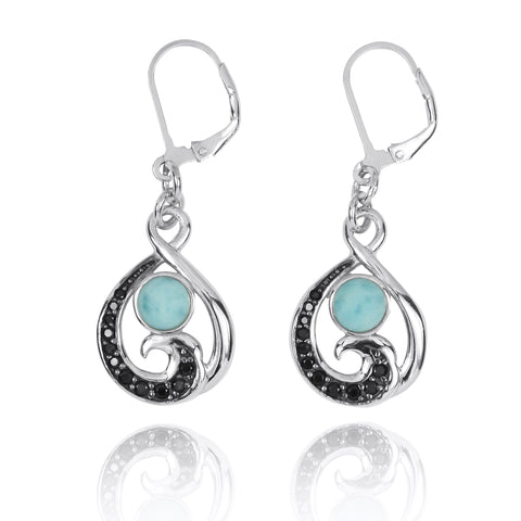 Black Spinel Wave and Round Larimar Lever Back Earrings