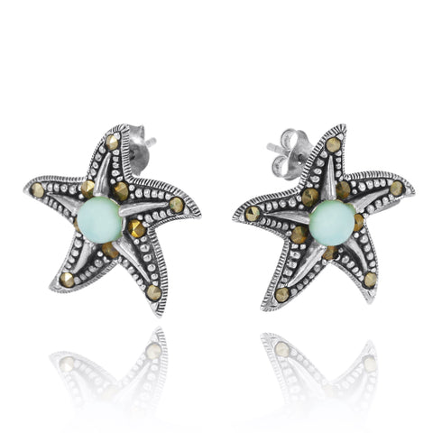 Starfish Stud Earrings with Larimar and Marcasite