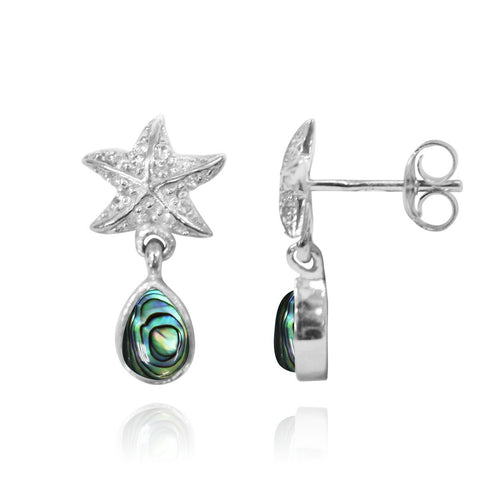 Starfish Stud Earrings with Round Abalone shell and Teardrop White Topaz