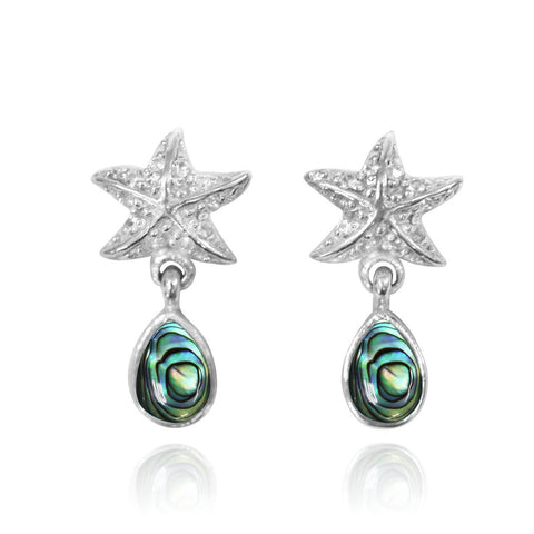 Starfish Stud Earrings with Round Abalone shell and Teardrop White Topaz