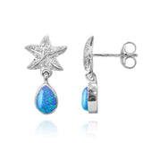 Starfish Stud Earrings with Round Blue Opal and Teardrop White Topaz