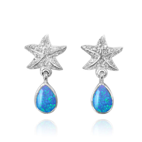 Starfish Stud Earrings with Round Blue Opal and Teardrop White Topaz