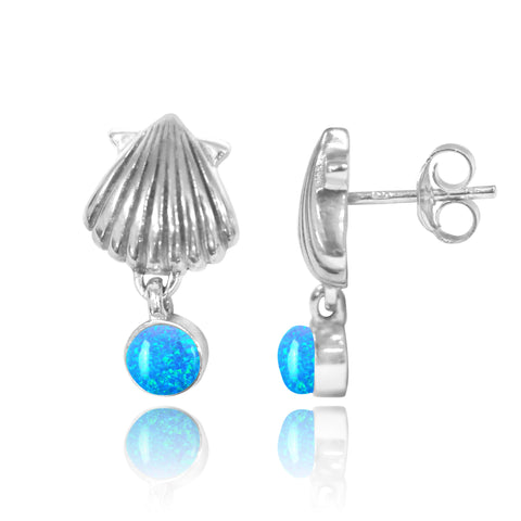 Seashell Stud Earrings with Dangling Round Blue Opal