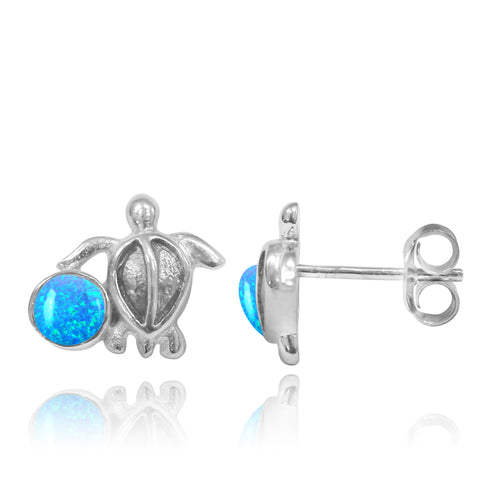 Turtle Stud Earrings with Round Blue Opal