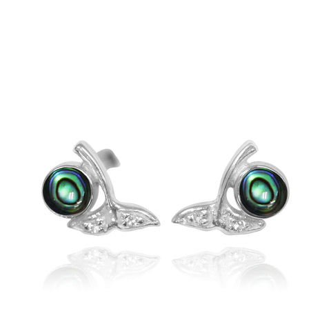 Whale Tail Stud Earrings with Round Abalone shell and White Topaz