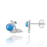 Whale Tail Stud Earrings with Round Blue Opal and White Topaz