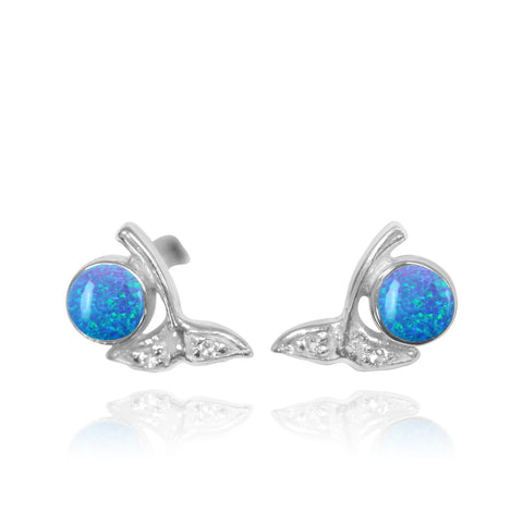 Whale Tail Stud Earrings with Round Blue Opal and White Topaz
