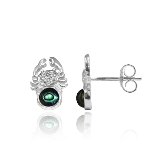Crab Stud Earrings with Round Abalone shell and White Topaz