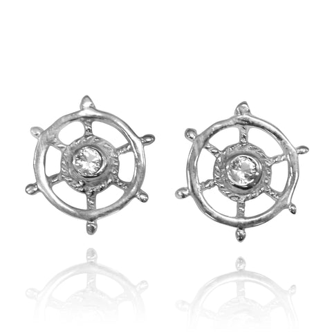 Ship's Wheel Stud Earrings with White Topaz