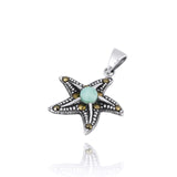 Starfish Pendant Necklace with Marcasite and Round Larimar