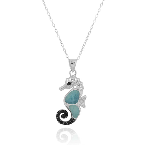 Sea Horse Pendant with Larimar and Black Spinel
