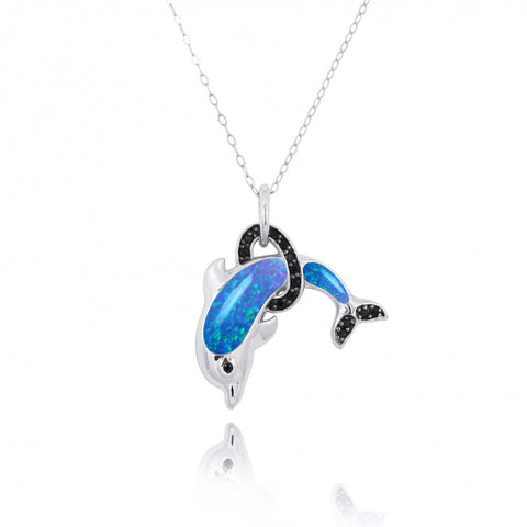 Dolphin Pendant with Blue Opal and Black Spinel