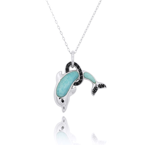 Dolphin Pendant Necklace with Larimar and Black Spinel