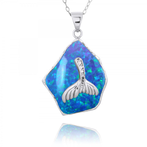 Blue Opal Pendant with Whale Tail and White CZ