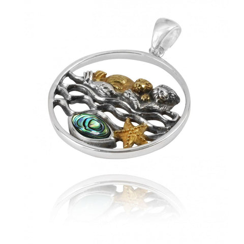 Mother Otter with Golden Baby Oxidized Silver Pendant with Marquise Abalone shell and Gold Starfish