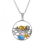 Mother Otter with Golden Baby Oxidized Silver Pendant with Marquise Blue Opal and Gold Starfish