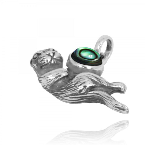 Floating Sea Otter Holding Round Abalone shell Oxidized Silver Pendant