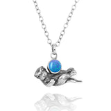 Floating Sea Otter Holding Round Blue Opal Oxidized Silver Pendant