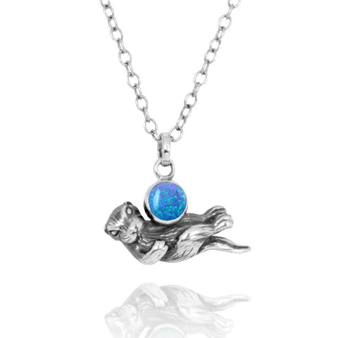 Floating Sea Otter Holding Round Blue Opal Oxidized Silver Pendant