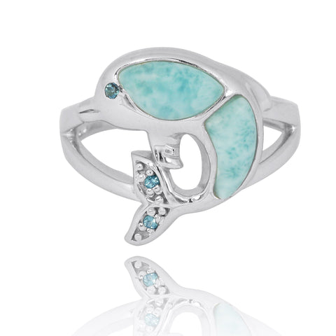 Dolphin Ring with Larimar, London Blue Topaz and Swiss Blue Topaz