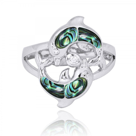 Playing Dolphins Ring with Abalone shell and White CZ