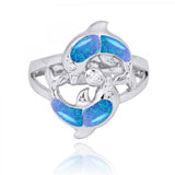 Playing Dolphins Ring with Blue Opal and White CZ