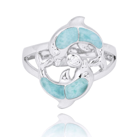 Playing Dolphins Ring with Larimar and White CZ