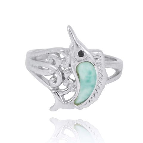 Swordfish Ring with Larimar and Black Spinel