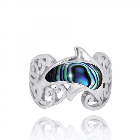 Dolphin Ring with Abalone shell and Black Spinel