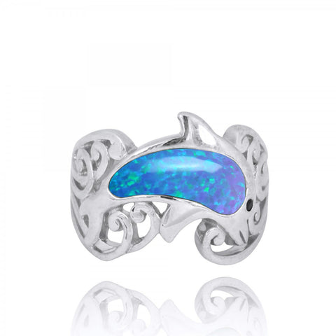 Dolphin Ring with Blue Opal and Black Spinel