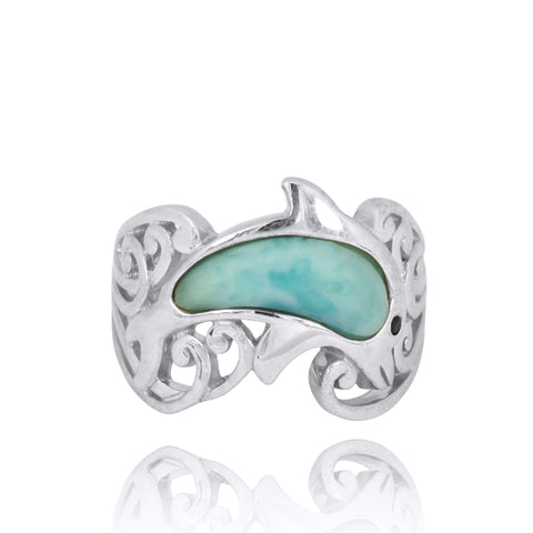 Dolphin Ring with Larimar and Black Spinel