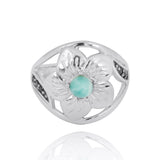 Hibiscus Ring with Round Larimar and Black Spinel