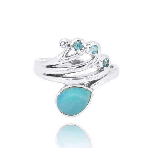 Wave Ring with Swiss Blue Topaz Crests and Pear Shape Larimar
