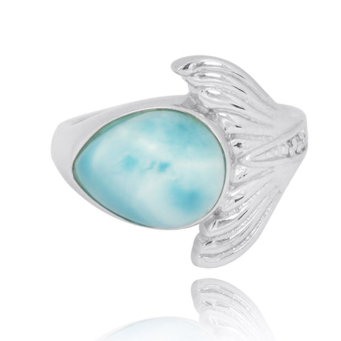 Whale Tail Ring with Larimar and White CZ