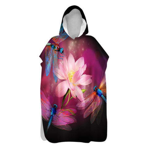 Dragonflies and Lotus Hooded Beach Poncho
