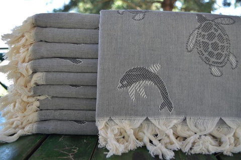 Sea Turtles and Dolphins Gray 100% Cotton Original Turkish Towels